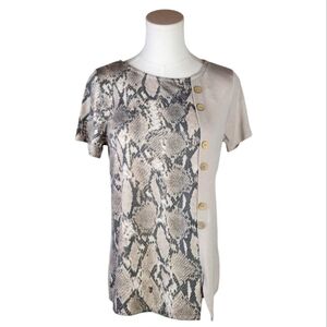 Emerald Snakeskin Print Button Front Top Small Taupe Stretch Asymmetrical Tee